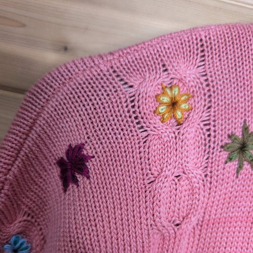 Vintage Caamano Pink Handknit Pima Cotton Floral Garden Cardigan Large‎ - Picture 5 of 10